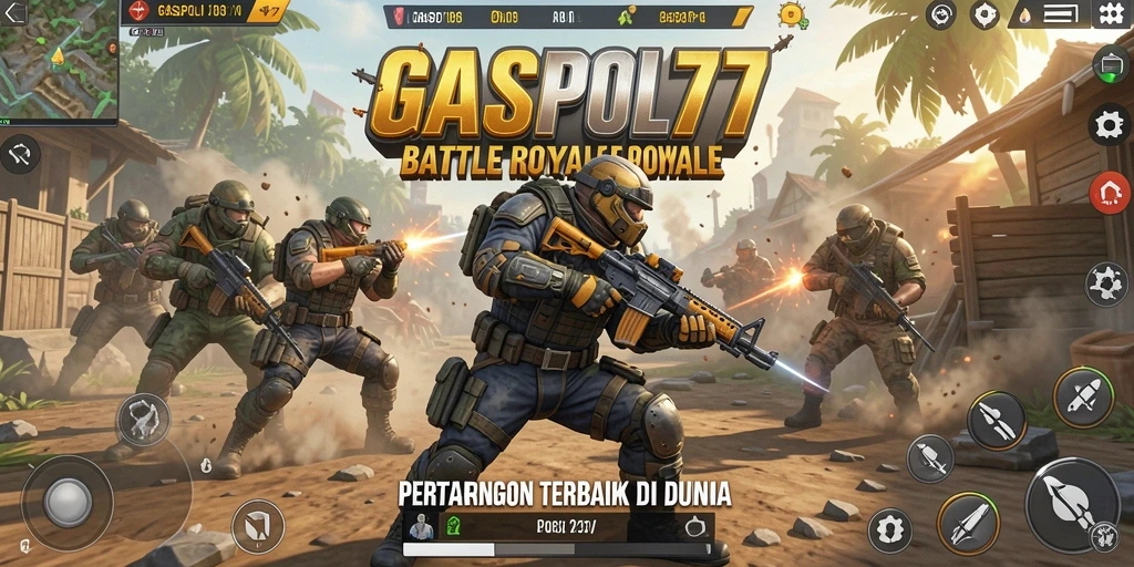 Screenshot GASPOL77 menampilkan aksi terjun dari pesawat dalam pertandingan Battle Royale.