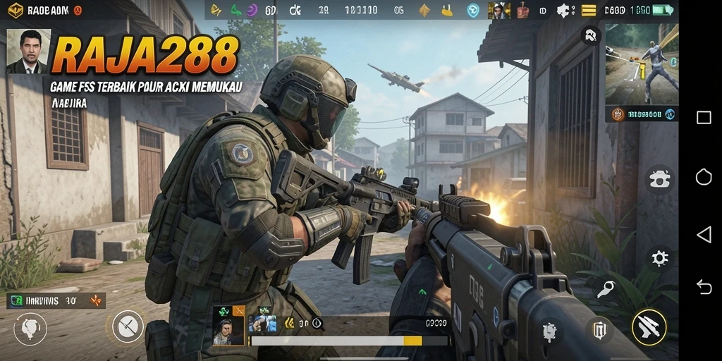 Tampilan gameplay RAJA288 saat serangan intens dalam pertempuran FPS.